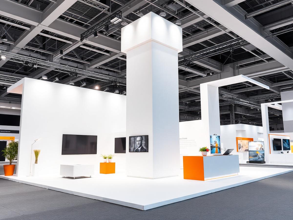 Heller, moderner Messestand mit weißen Flächen und orangefarbenen Akzenten in einer Messehalle
